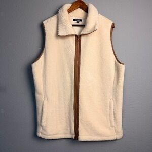 Chaps Sherpa Fleece Vest 1X Cream Brown Trim Full Zip Pockets Cozy Outerwear